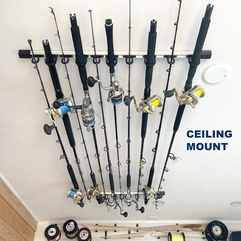 Rush Creek Creations Fishing Rod Holder for 10 Rods - Vertical/Horizontal Rack for Garage Organization