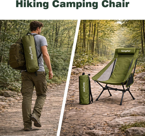 SUNNYFEEL High Back Camping Chair with Pillow, Heavy Duty Portable Folding Chair with Breathable Mesh, Sturdy Aluminum