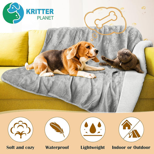 Kritter Planet Waterproof Small Dog Blanket - Soft Washable Furniture Protector, Reversible Sherpa Fleece Cover