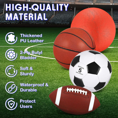 4 Set Lenwen Pcs Sports Balls for Teen Adult, Include Official Size Basketball Soccer Football Playground Ball Pump
