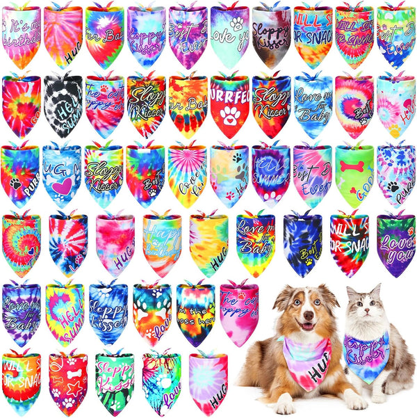Huhumy 50 Pcs Tie Dye Dog Bandanas Bulk Pet Bibs Colorful Triangle Scarf