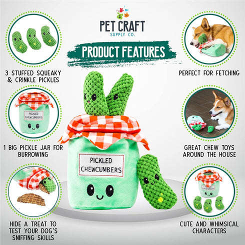 Pet Craft Supply Hide and Seek Plush Dog Toys, Crinkle Squeaky Interactive Puzzle Chew Toy Bundle Pack - Pickles