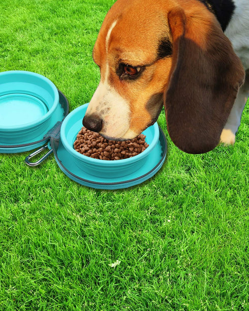 Collapsible Silicone Twin Dog Bowls with Zipper Case, 2 in 1 Portable Travel Dog Bowls