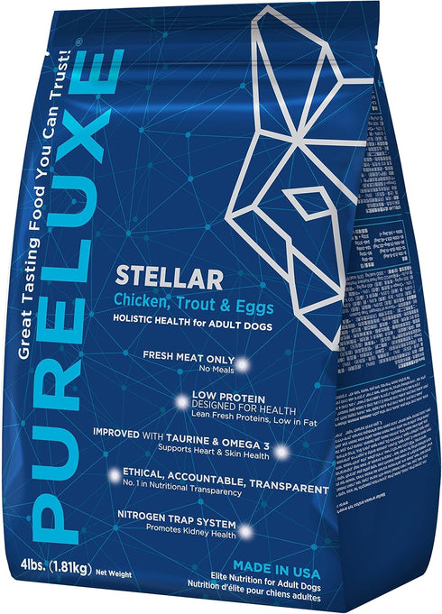PURELUXE Grain and Gluten Free Dog Food, Stellar Elite Nutrition, Chicken, Trout, Eggs, 4lbs, Made in USA