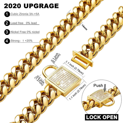 Gold Dog Collar with Zirconia Buckle, Cuban Link Chain Bling Collar for Small Medium Large Dogs