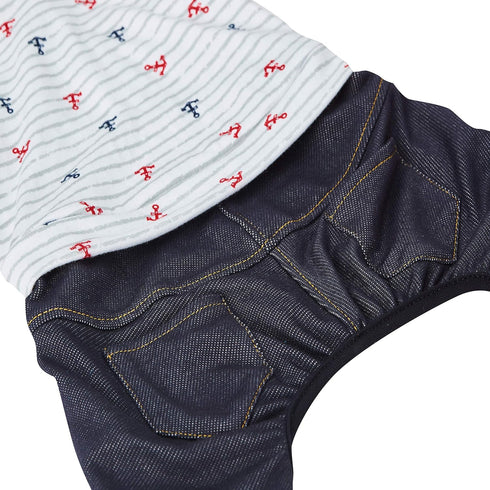 Blueberry Pet Summer Vacation Beach Cotton Dog Shirt with Denim Pants, Nautical Striped Jumpsuit for Medium Dogs