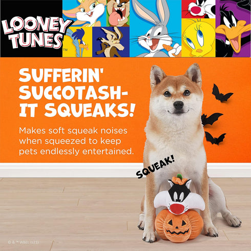 Looney Tunes for Pets Sylvester The Cat Plush Dog Toy, Halloween Pumpkin Head, 6 Inch Squeaky Chew Toy for Small Dogs