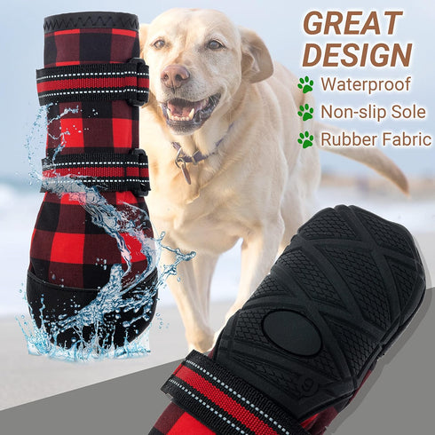 FLYSTAR Dog Shoes for Medium Large Dogs, Waterproof Non-Slip Boots for Winter, Reflective Adjustable Warm Paw Protector