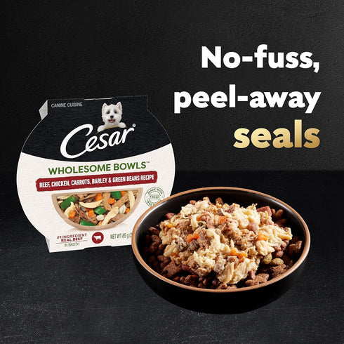 CESAR WHOLESOME BOWLS Adult Soft Wet Dog Food, Beef, Chicken, Carrots, Barley & Green Beans Recipe, (10) 3 oz. Bowls