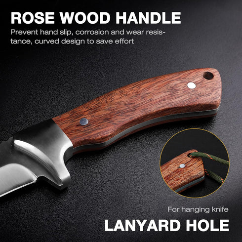 Flissa Fixed Blade Knife with Sheath, 9.8'' Full Tang Hunting Knife with High Carbon Steel Blade, Camping Knife