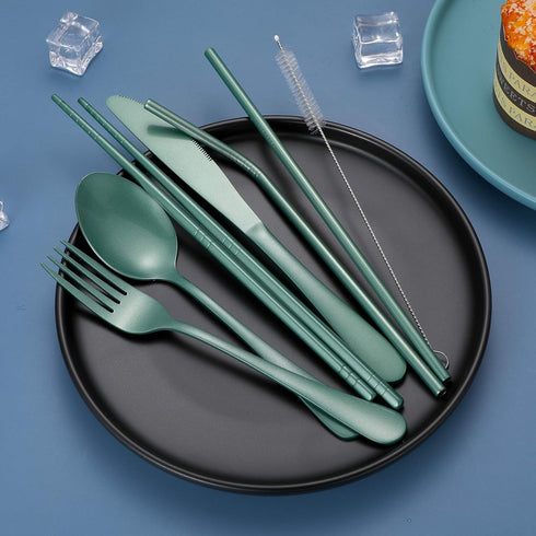 Portable Stainless Steel Flatware Set, Travel Camping Cutlery with Waterproof Case, Green