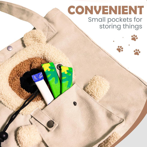 Pet Canvas Shoulder Carrying Bag, Cute Khaki Bear Shaped Cat Carrier, M Size Portable Tote for Small Dogs, Cats,