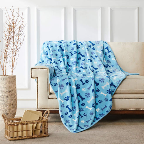 Allisandro Luxurious Dog Blanket, 350 GSM Microplush Fleece for Small Medium Large Dogs & Cats, Blue Paw & Bone, 40" x