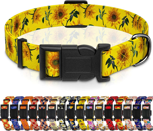 Dog Collar - Sunflower Floral for Boys Girls, Adjustable Soft Sunflower Pet Collar with Safety Buckle for Small Medium