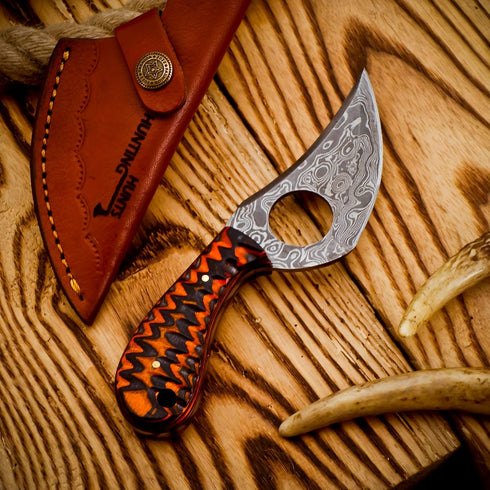 Predator Hunter Handmade Damascus Knife with Leather Sheath, EDC 7” Fixed Blade Bushcraft Knife