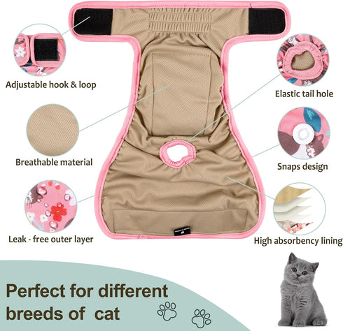 3 Pack Reusable Cat Diapers with Good Absorbency Kitten Diapers Small for Female & Male Cats - Easy to Put On, Secure