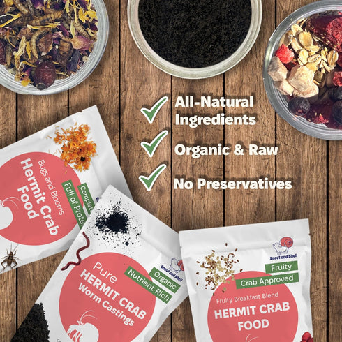 Pack Snout and Shell Hermit Crab Food Variety Fruity Breakfast, Bugs & Blooms, and Organic Worm Castings High-Protein