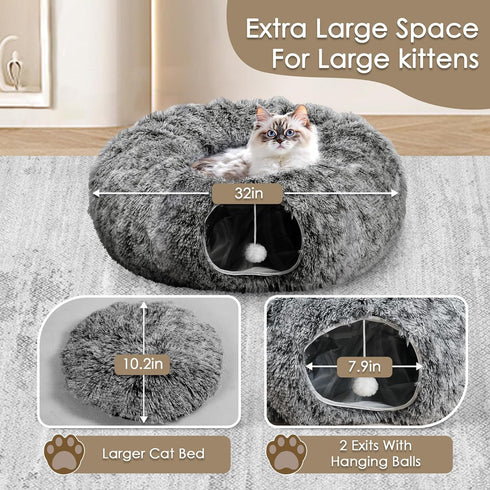 Cat Tunnel Bed for Indoor Cats, Peekaboo Cat Cave with Washable Soft Play Mat, Furry Cat Tube, for Kitten/Puppy/Rabbit