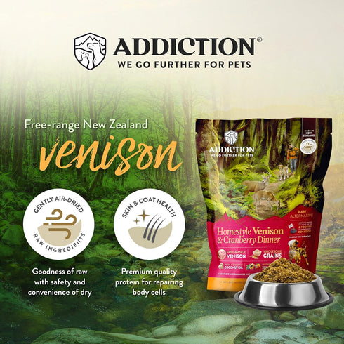 Addiction Homestyle Venison & Cranberry Dinner, 2 lb - Raw Alternative Dog Food, Gently Air-Dried Complete Meal