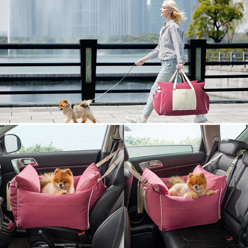 Lesure Small Dog Car Seat - Waterproof Booster Seat with Storage Pockets, Clip-On Safety Leash, Memory Foam Filling,