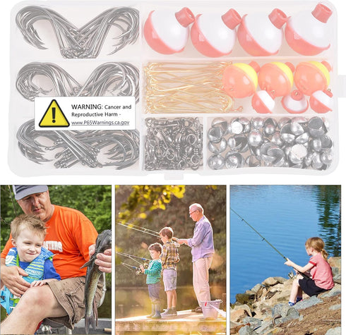 Fishing Hooks Bobbers Tackle Kit - 200pcs Basic Fishing Tackle Box Set for Kids Starter Beginners