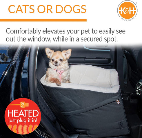 K&H Pet Products Bucket Booster for Small & Medium Dogs - Washable Heated Car Seat with Safety Leashes - Charcoal/Cream