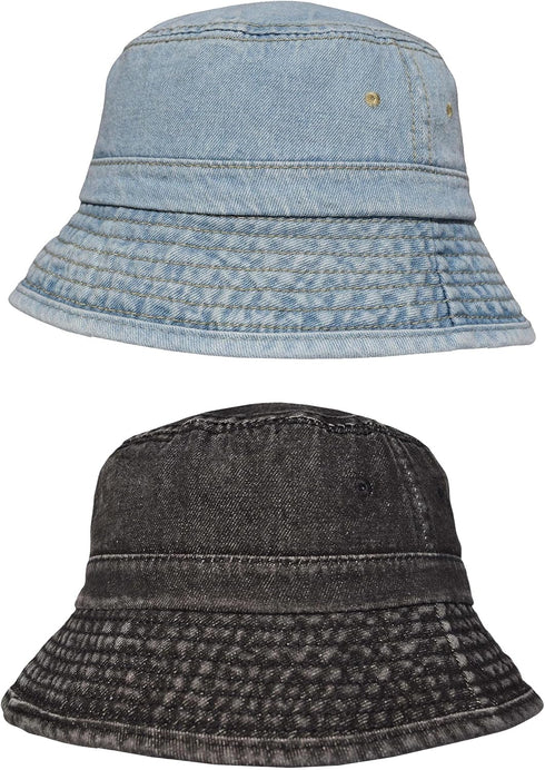 TSSGBL 2 Pack Cotton Denim Bucket Hats Vintage Washed Packable Summer Trendy Beach Travel Sun Caps for Women Men