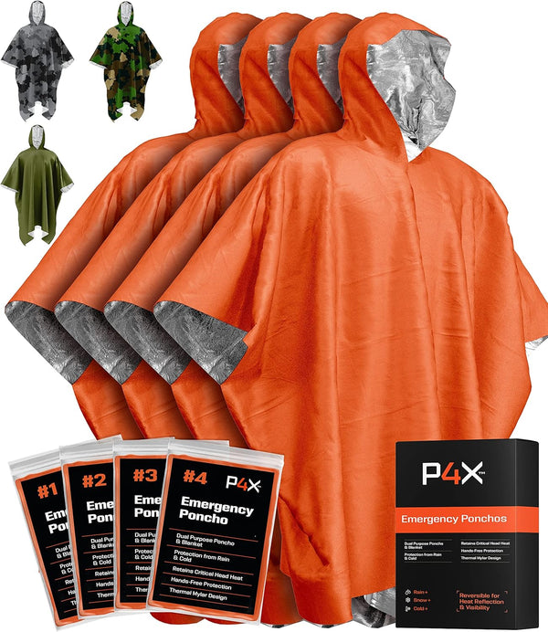 PREPARED4X Emergency Poncho and Mylar Blanket Liner, Waterproof Wind-Resistant Outdoor Rain Poncho