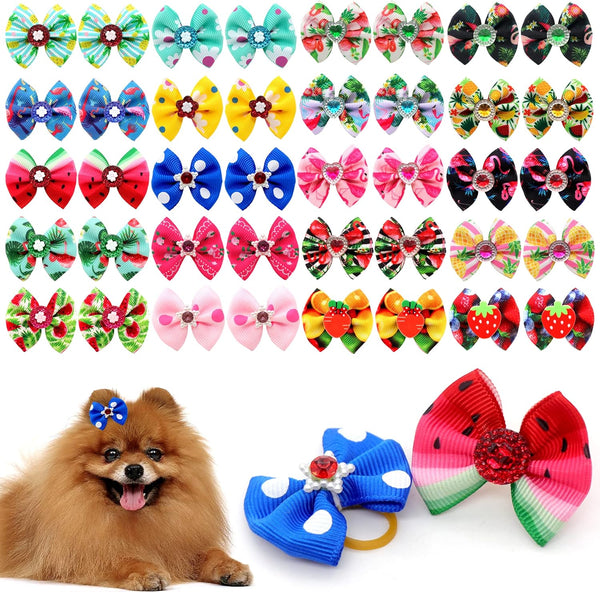 40PCS Christmas Dog Bows - Cute Puppy Small Bowknot Hair Bows with Rubber Bands - Pet Grooming Accessories for Party