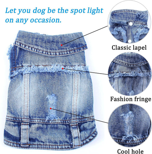 Jean Jacket for Small Medium Dogs Cats - Blue Denim Lapel Vest Coat T-Shirt Costume, Cute Puppy Clothes, Machine