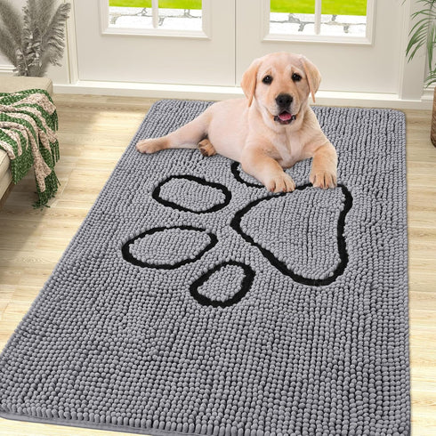smiry Dog Door Mat for Muddy Paws, Absorbent Non-Slip Washable Mat, Quick Dry Chenille, Grey (47x32 Inches)