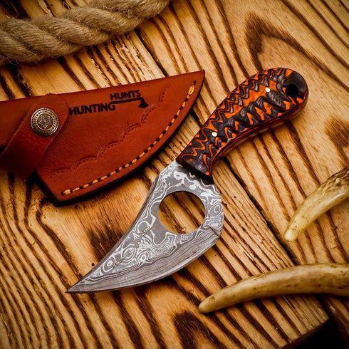 Predator Hunter - Handmade Damascus Knife with Leather Sheath - For Skinning, Camping, Outdoor - EDC 7” Fixed Blade Bushcraft Knives | Red Black Exotic Wood Handle by HUNTING HUNTS