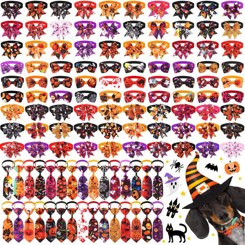 120 Pcs Halloween Dog Bow Tie Collar Set, Includes 60 Pumpkin Bow Ties, 30 Dog Neckties, 30 Large Bow Tie Collars, Pet