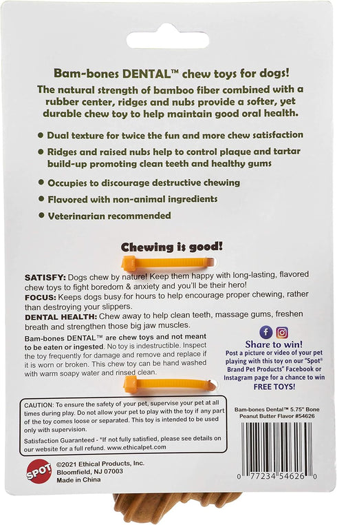 SPOT Bam-Bones Dental Bone, Made with Bamboo Fiber, Durable Oral Care Chew for Light Chewers & Teething Puppies