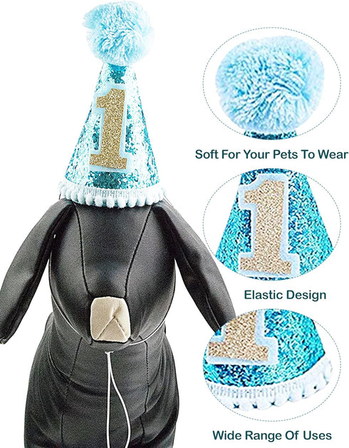 PET SHOW Dogs 1st Birthday Hats and Bandanas Set - Photo Props for 1-Year-Old Cats and Dogs (Blue)