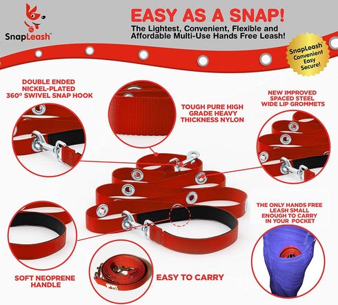 Hands Free Dog Leash Training Lead, Double Snap Grommet Adjustable, Large 1" x 7.5’ Red