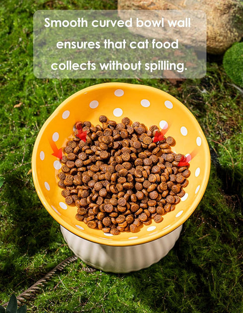Cute Mushroom Elevated Cat Bowl, Ceramic Cat Food and Water Bowls, Wide Shallow Dish, Whisker Fatigue (Yellow)