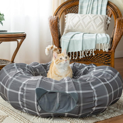 2-in-1 Kitty City Large Cat Tunnel Bed, Zip-Together Cat Play Tunnel & Plush Nap Bed, Pop-Up Indoor Cat Toy