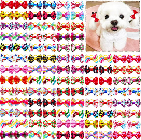 100pcs Handmade Yorkie Dog Hair Grooming Bows, 1.37x0.98 inch, Mix Puppy Dog Bowknot for Small Dogs Cats