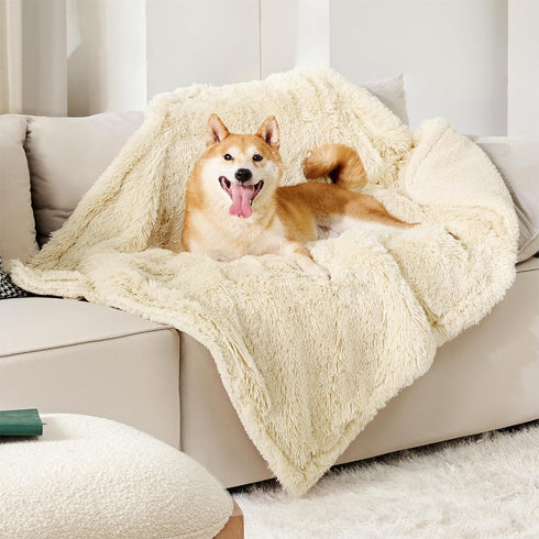 Bedsure Waterproof Dog Blankets for Medium Dogs, Calming Cat Blanket, Washable Faux Fur Throw Blanket (30"x40", Cream)