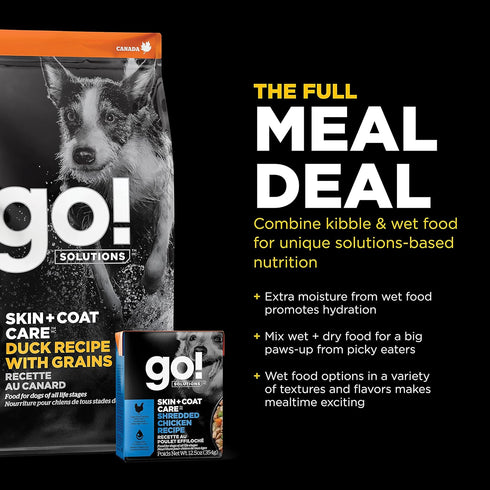 GO! SOLUTIONS Skin + Coat Care - Dry Dog Food, Duck Recipe with Grains for all life stages, 3.5 lb