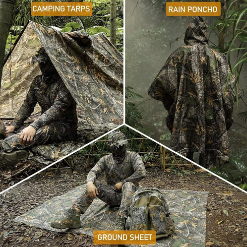 LOOGU Waterproof Rain Poncho Hooded Multi-Use Camo Rain Coat Shelter Ground Sheet for Hunting Camping Hiking