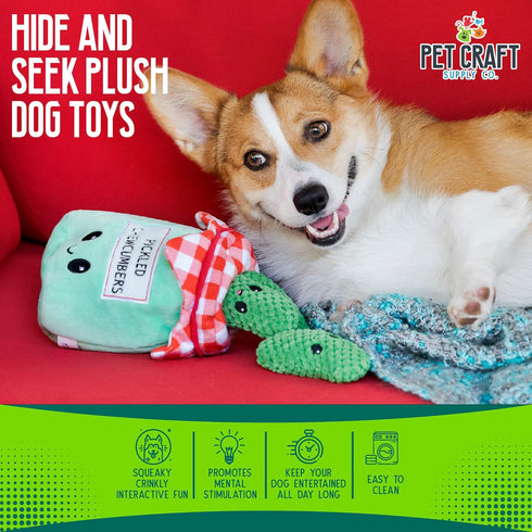 Pet Craft Supply Hide and Seek Plush Dog Toys, Crinkle Squeaky Interactive Puzzle Chew Toy Bundle Pack - Pickles