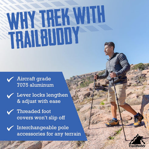 TrailBuddy Trekking Poles - Pair of 2 Lightweight, Collapsible Hiking Poles for Backpacking Gear, 7075 Aluminum with