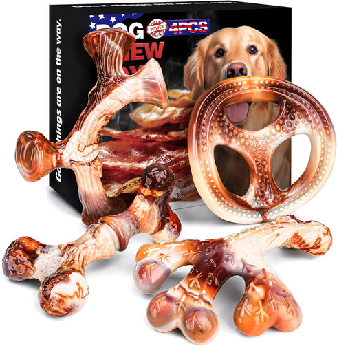 4-Pack Dog Chew Toys for Aggressive Chewers, Durable Bacon Flavor Nylon Bones for Teeth Cleaning