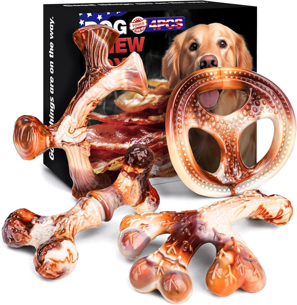 4-Pack Dog Chew Toys for Aggressive Chewers, Durable Bacon Flavor Nylon Bones for Teeth Cleaning