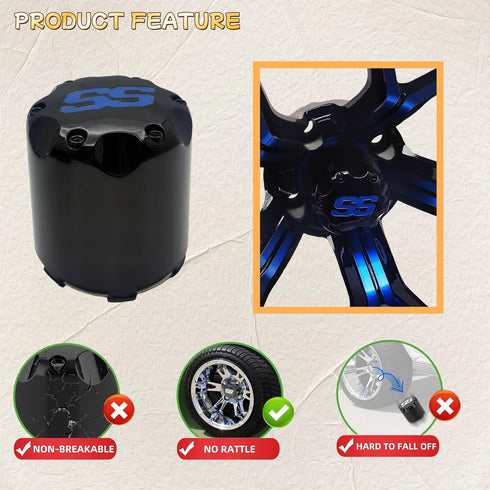 Golf Cart SS Wheel Center Cap Cover, ITP Push in Style for EZGO, Club Car, Yamaha, 4 PCS (Gloss Black with Blue SS)