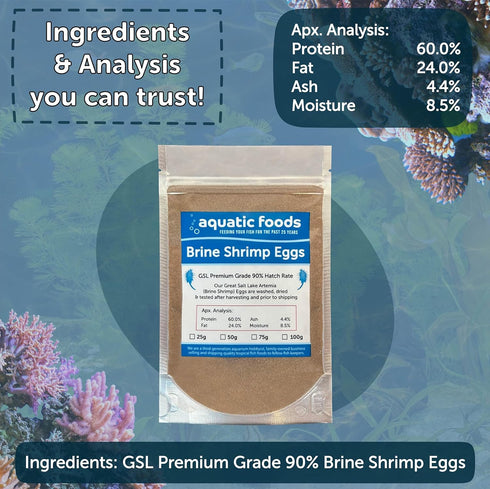 Aquatic Foods Inc. 90% 25 .88oz Brine Shrimp Eggs Premium Grade Hatch Rate, Great Salt Lake Artemia Brine Shrimp Eggs.