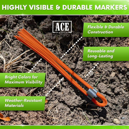 25 Pack Set ACE Supply Orange Marking Whiskers - - Durable Marking - Use As Survey Stakes, Construction Markers