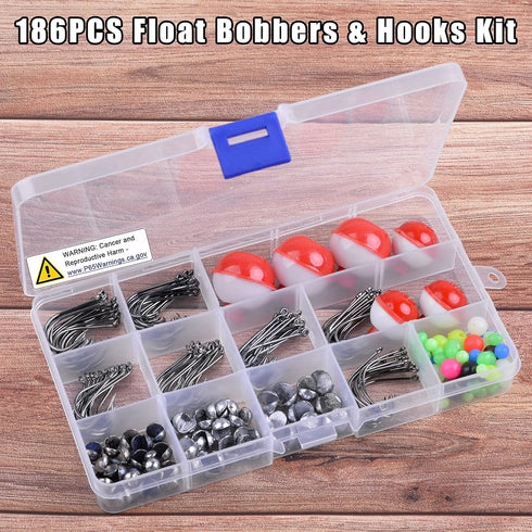 Fishing Bobbers Tackle Kit - 186pcs Basic Fishing Tackle Box Set with Hooks, Bobbers, Sinkers for Beginners Fishing
